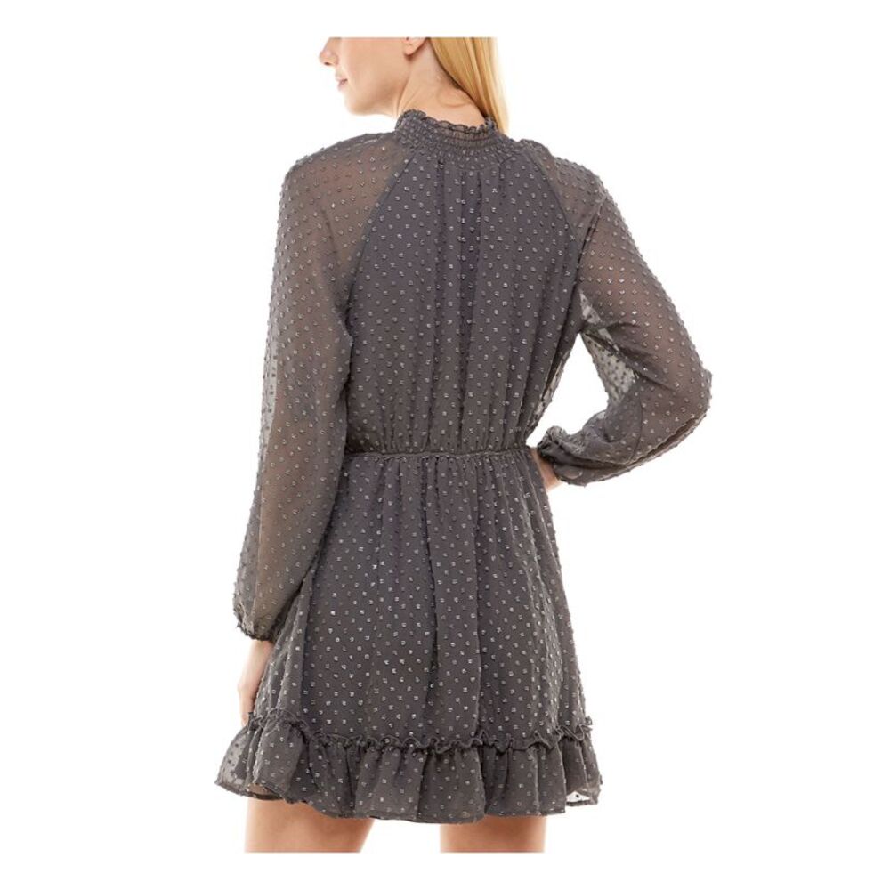 SPEECHLESS Womens Fit + Flare Short Dress Tie Blouson Sleeve High Split Neck - Picture 2 of 3